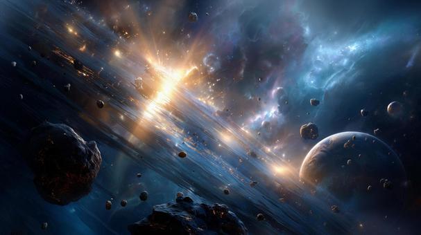 複数の惑星と小惑星、遠くに輝く星雲 複数の惑星と小惑星、遠くに輝く星雲の写真