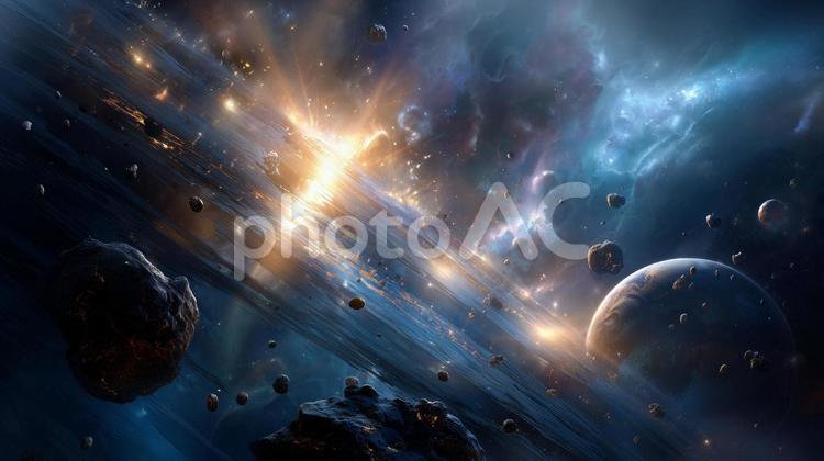 複数の惑星と小惑星、遠くに輝く星雲 惑星,小惑星,星雲の写真素材