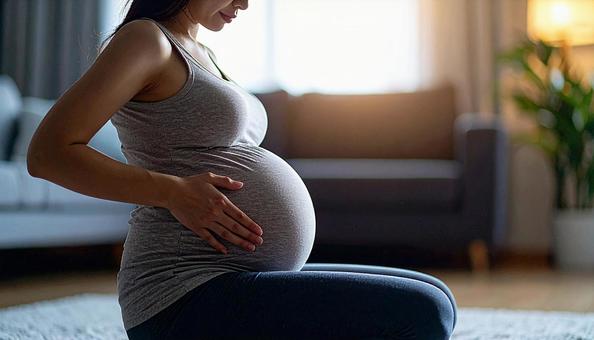 お腹が張って辛そうな妊婦 お腹が張って辛そうな妊婦の写真