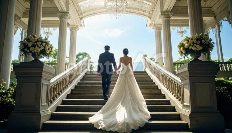 手をつないで階段を上っていく新郎新婦 ウェディング,花嫁,花婿の写真素材