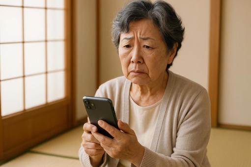 困惑してスマホ持つ高齢女性 困惑してスマホ持つ高齢女性の写真