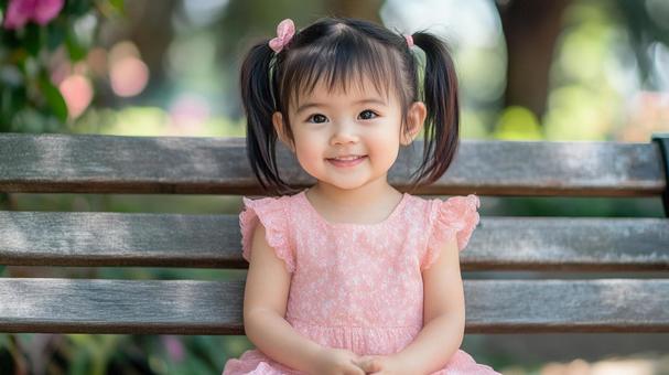 ベンチに座る小さな女の子 ベンチに座る小さな女の子の写真