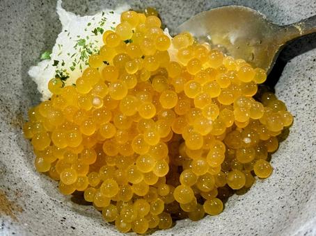 黄金色に輝くカジカの卵と大根おろし カジカの卵,カジカ,魚卵の写真素材