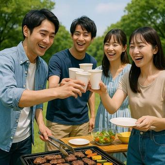 友達とバーベキュー(乾杯) 友達とバーベキュー(乾杯)の写真