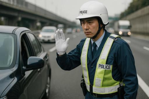 高速道路で検問する警察官 高速道路で検問する警察官の写真