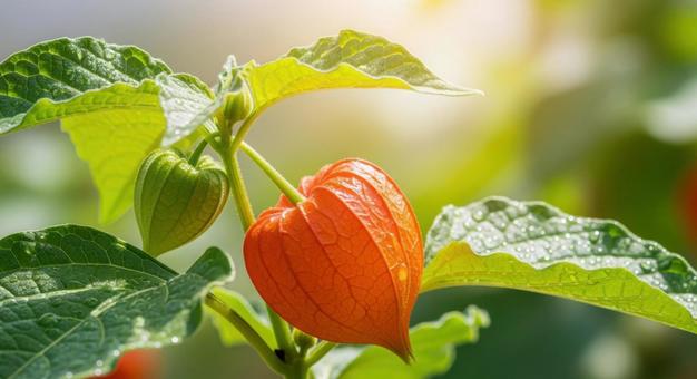 朝露に濡れるホオズキと葉のクローズアップの写真