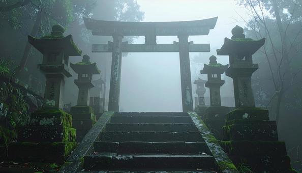 霧深い神社の鳥居 霧深い神社の鳥居の写真