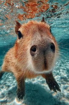 水中を泳ぐ可愛いカピバラのクローズアップ 水中を泳ぐ可愛いカピバラのクローズアップの写真