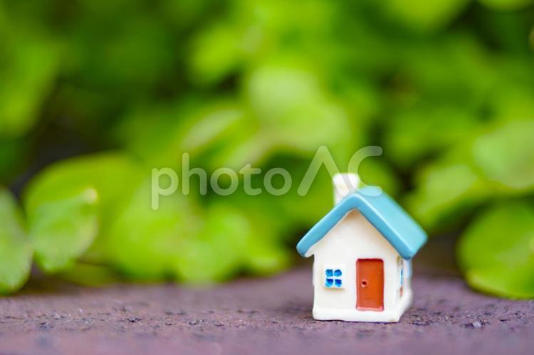 ミニチュアの家と緑ぼかし背景 背景,家,住まいの写真素材