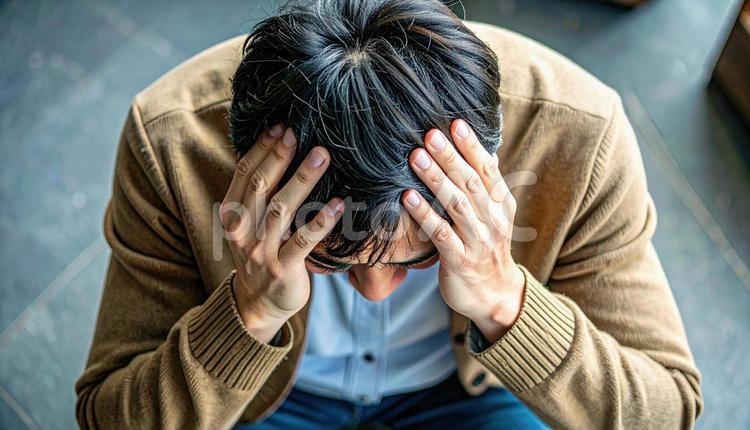 頭を抱えて落ち込む日本人男性 落ち込み,自信喪失,無気力の写真素材