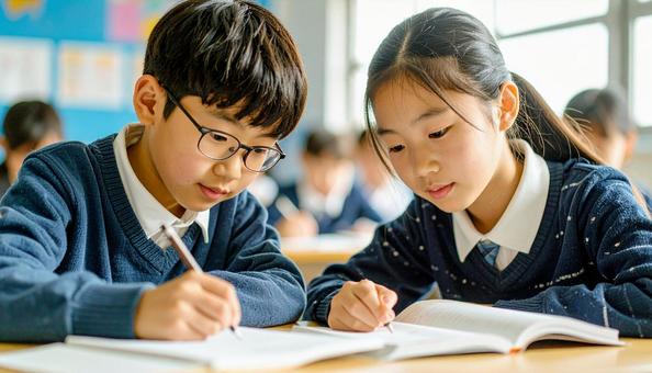 学校の教室で勉強している小学生2人 学校の教室で勉強している小学生2人の写真