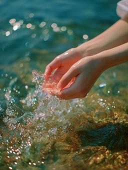 夏の日の水辺で遊ぶ手と透明な水 夏の日の水辺で遊ぶ手と透明な水の写真