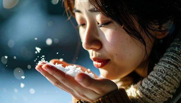 雪の冷たさを手の平で感じる女性 雪の冷たさを手の平で感じる女性の写真