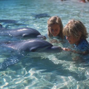 透き通る海でイルカと触れ合う子どもたちの写真