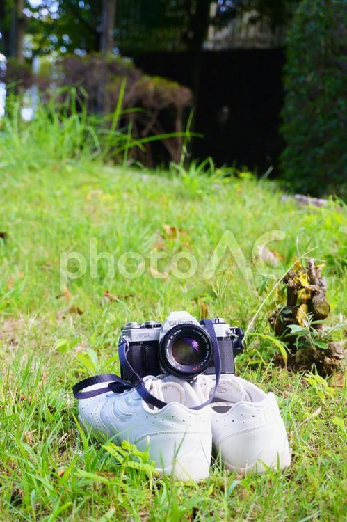 草の上のカメラとスニーカー 古いカメラ,写真機,フォトの写真素材