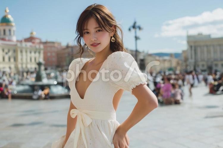 ドレスを着た女性がヨーロッパの街を散歩中 ドレス,女性,欧州の写真素材