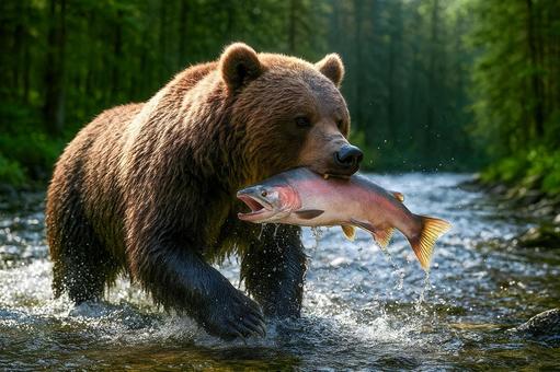 川辺で鮭をくわえるヒグマの写真