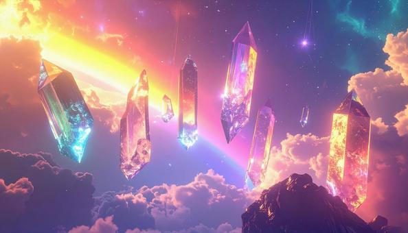 幻想的な空に浮かぶ虹色に輝くクリスタル 幻想的な空に浮かぶ虹色に輝くクリスタルの写真