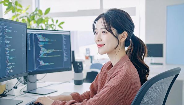 プログラミングをする女性エンジニア プログラミングをする女性エンジニアの写真