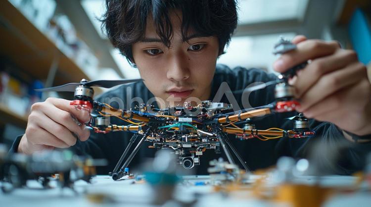 室内でドローンを組み立てる男性 ドローン,組立,技術の写真素材