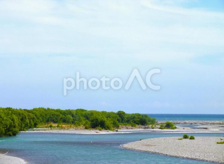 大井川の河口と駿河湾の景色 水平線,船,海の写真素材