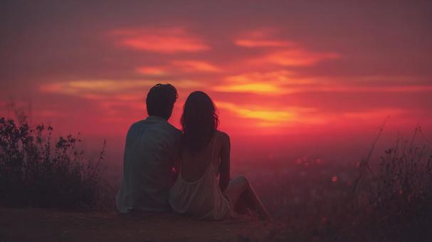 夕焼けと夜景を眺めるカップル 夕焼けと夜景を眺めるカップルの写真