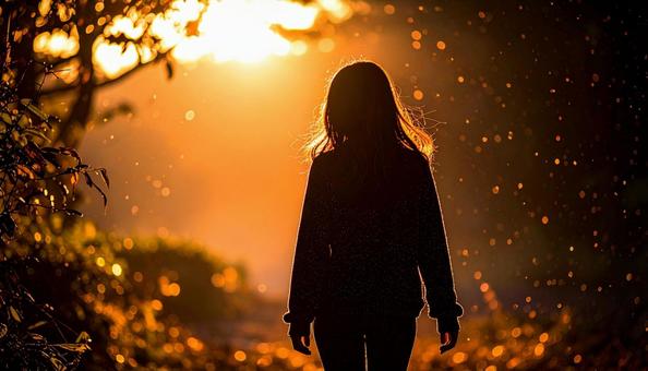 夕焼け　女性のシルエットの写真