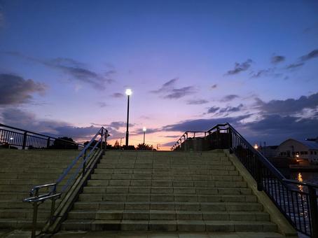 Stairs and night sky with lights, JPG