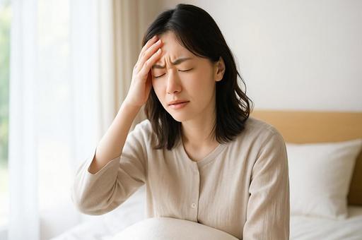 頭痛に悩む若い女性の朝の様子・体調不良 頭痛に悩む若い女性の朝の様子・体調不良の写真