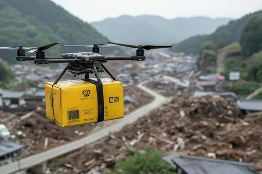 支援物資を運搬する災害用ドローン 支援物資を運搬する災害用ドローンの写真