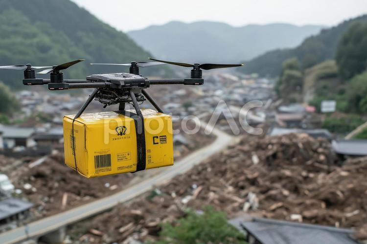 支援物資を運搬する災害用ドローン ドローン,空撮,災害現場の写真素材