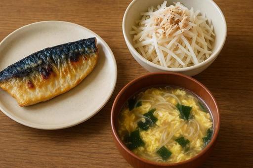 焼き魚と味噌汁の和食朝ごはん・日本の食卓 焼き魚と味噌汁の和食朝ごはん・日本の食卓の写真