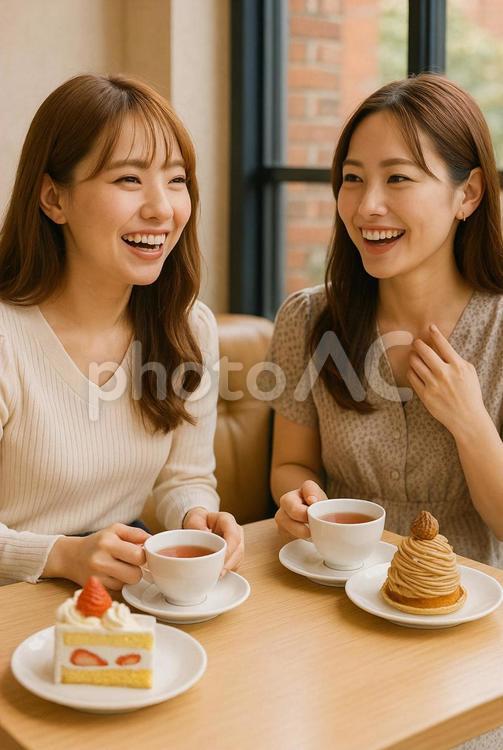 カフェでの2人 女性,カフェ,ともだちの写真素材