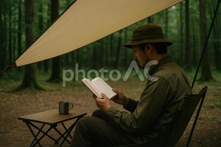 タープ下で読書を楽しむ男性 キャンプ,タープ,読書の写真素材