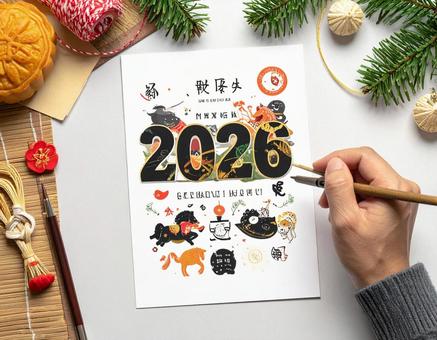 年賀状を書く手元(2026年) 年賀状を書く手元(2026年)の写真