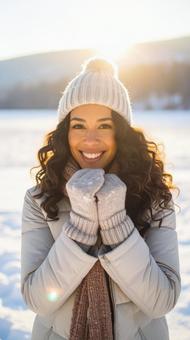 冬の寒冷な雪原の中の可愛い女性の写真