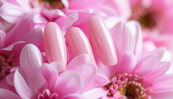 ピンクの花の上に置かれたネイルチップ ピンクの花の上に置かれたネイルチップの写真
