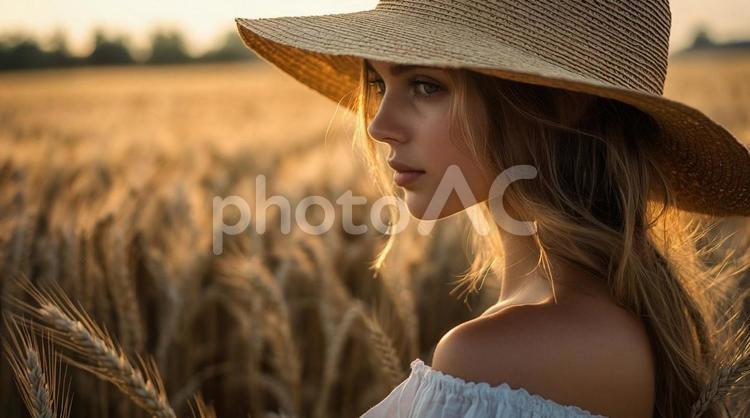 夏の夕暮れの麦畑にたたずむ女性② 夏,夕日,夕焼けの写真素材