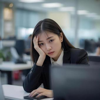  疲れた表情の女性社員の写真