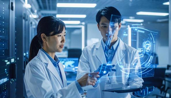 ホログラムのデータを見ながら議論する医者 ホログラムのデータを見ながら議論する医者の写真