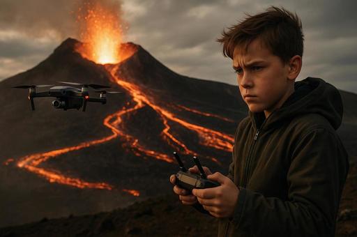 火山と少年とドローンの情景 火山と少年とドローンの情景の写真