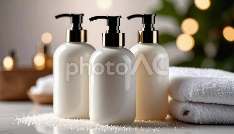 シャンプーとヘアオイルのボトルの白い容器 シャンプー,ヘアオイル,タオルの写真素材
