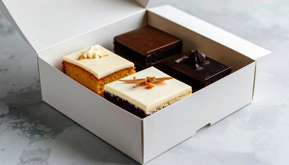 持ち帰りの箱に入ったケーキの詰め合わせ 持ち帰りの箱に入ったケーキの詰め合わせの写真