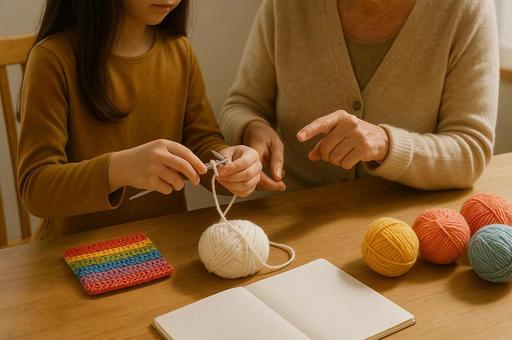 おばあちゃんに編み物を教わる子ども おばあちゃんに編み物を教わる子どもの写真