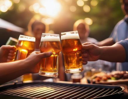 バーベキューでビール バーベキューでビールの写真