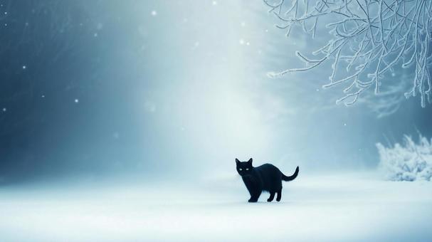 雪の中を黒猫が歩く 雪の中を黒猫が歩くの写真