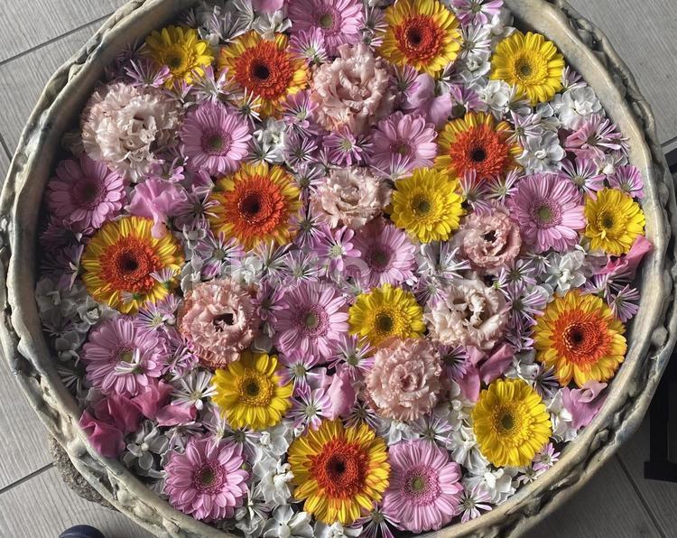 花手水　花アート　色とりどりの花々　 花手水,花アート,飾り花の写真素材