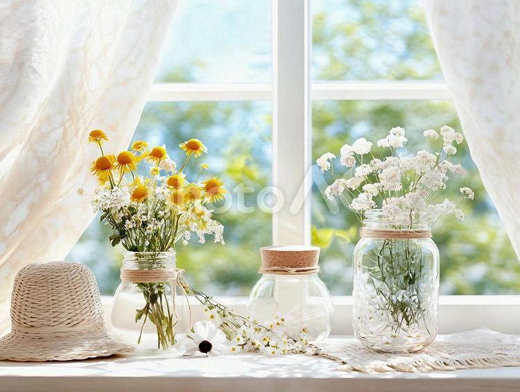 ひだまりの窓辺と花瓶のブーケ 花,花瓶,窓辺の写真素材