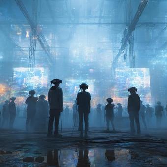 VRゴーグルを装着した人々のグループ VRゴーグルを装着した人々のグループの写真