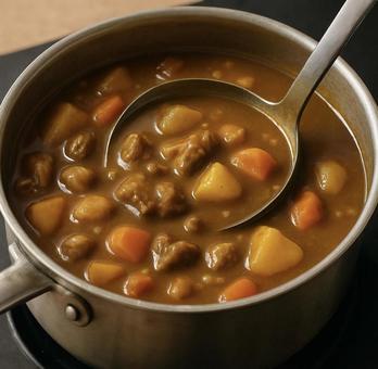 鍋で煮込まれた家庭的なカレー 鍋で煮込まれた家庭的なカレーの写真